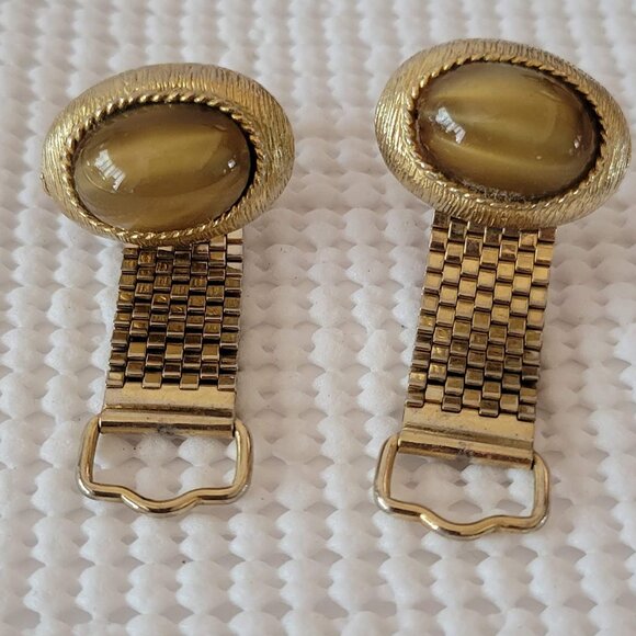 Gold Tone Oval Tigers Eye Stone Linked Chain Wrap Hinged Cuff Links - Picture 1 of 7